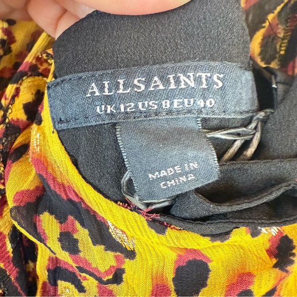 All Saints Hali Pleated Leopard Notes Yellow Multi Mini Dress Size 8 NWT - Picture 16 of 16